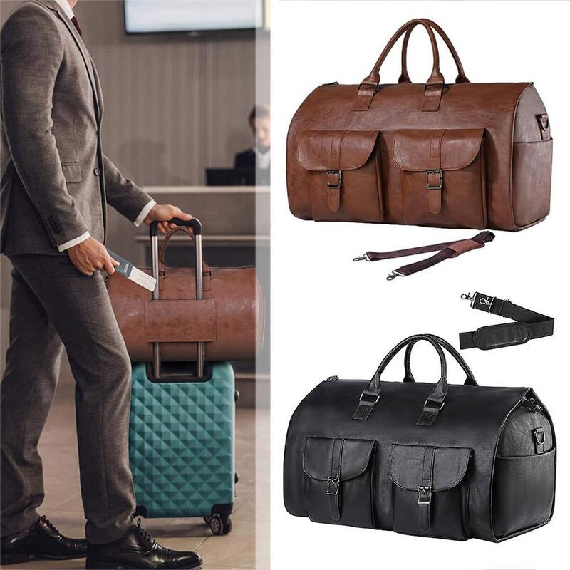 Bolsa de vestuário de couro PU para homens, impermeável grande bolsa Weekender, mala 2 em 1 pendurada, vestido para viagem de negócios