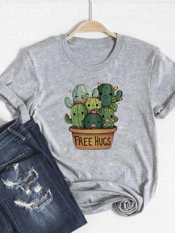 Camiseta estampada de tendencia de dibujos animados de Cactus para mujer, camiseta de manga corta, ropa de verano, Camiseta básica de moda