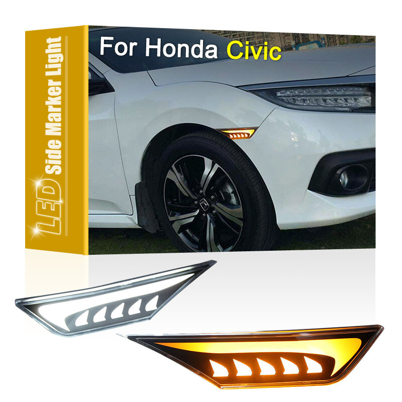 2Pcs LED Side Fender Marker Lamp Assembly Amber Dynamic Turn Signal White Driving Position Light For Honda Civic 2016-2020