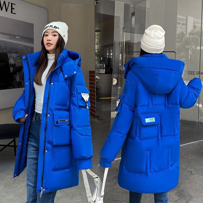 2023 nowa damska puchowy płaszcz bawełniany kurtka zimowa luźna kurtka damska o średniej długości zagęszczona ciepła odzież wierzchnia płaszcz z kapturem