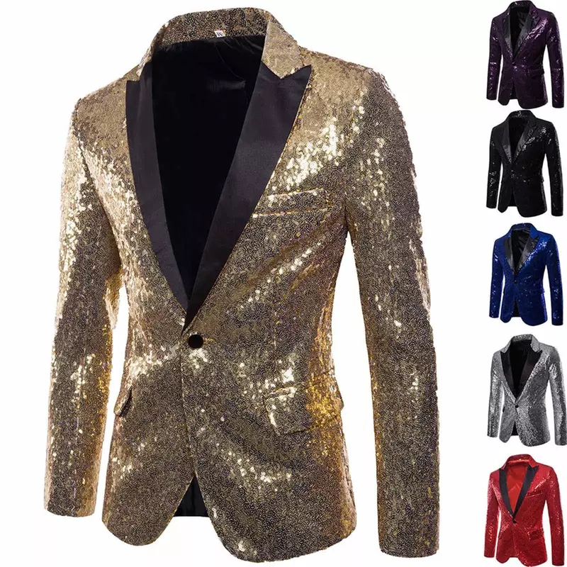 Giacca Blazer impreziosita con paillettes oro lucido giacca da uomo Nightclub Prom Suit Blazer Costume da uomo Homme Stage Clothes per cantanti