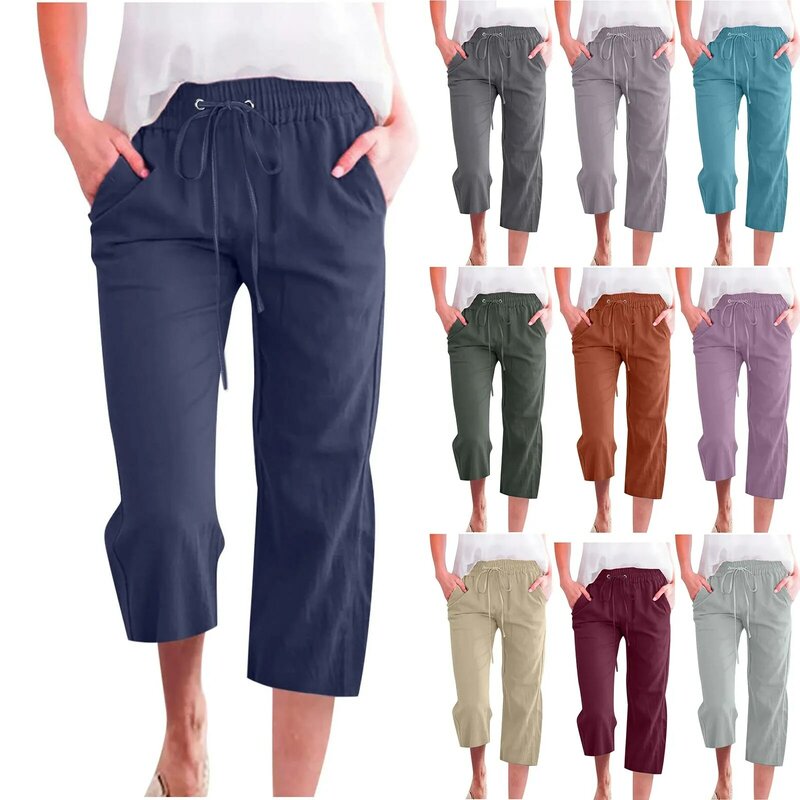 Pantalones recortados informales de verano para mujer, Pantalones rectos elásticos de cintura alta, algodón y lino, sueltos, con bolsillo y cordón