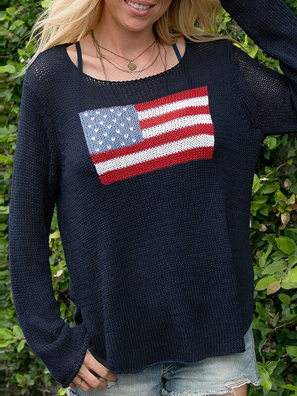 Womens American Flag Sweatershirt Jumper Long Sleeve Letter Knit Pullover Cute Top 4th of July Sweater