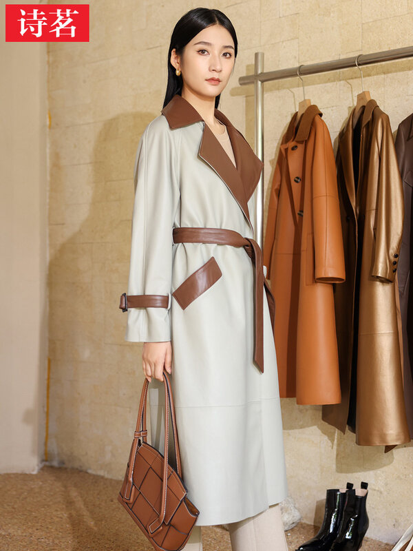 2023 New Simple Personality Türkiye Sheepskin Windbreaker Women's Medium Length Fashion Slim Fit Leather Coat