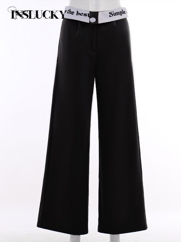 InsLucky-casualowe proste spodnie dla kobiet, spodnie z wysokim stanem, nadruk patchworkowy z napisami, luźne długie spodnie, pani biurowa, elegancka