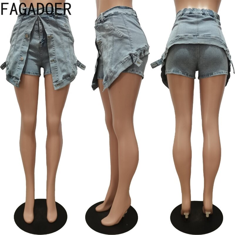 FAGADOER Fashion Streetwear Women Denim High Waist Button Elasticity Skirts Summer Female Irregular Skinny Shorts Skirts Bottoms