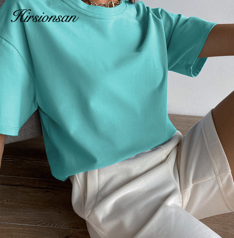 Hirsionsan-ベーシックなレディースコットンTシャツ,ルーズフィットとカジュアル,無地,19色,ラージサイズ,サマーコレクション2023