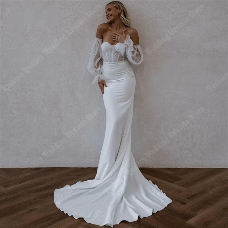 Schöne glänzende Satin Brautkleider neu von der Schulter Dame Roben 2024 faszinierende Wickel Gesäß Frauen Vestidos de Novia