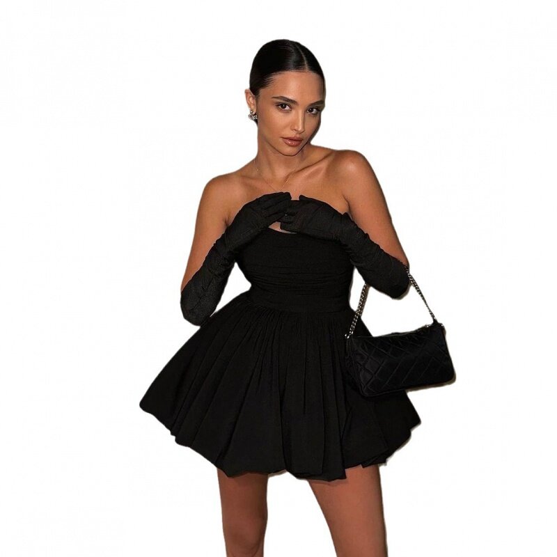 فستان أسود بطيات على طراز هيبورن للنساء ، فستان مثير لحفلة عيد ميلاد النادي الليلي ، توب أنبوبي جميل ، تنورة قصيرة ، جديد ،