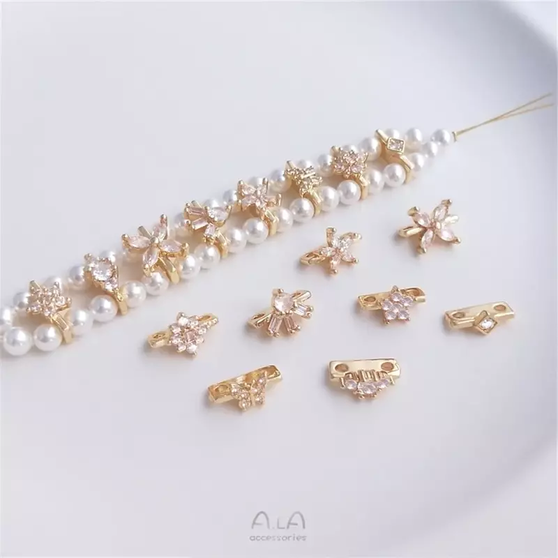 Cadena de oro de 14K con flores de circonio, cadena de doble fila, espaciador de perlas, espaciador de doble orificio, material de cuentas, accesorios de joyería