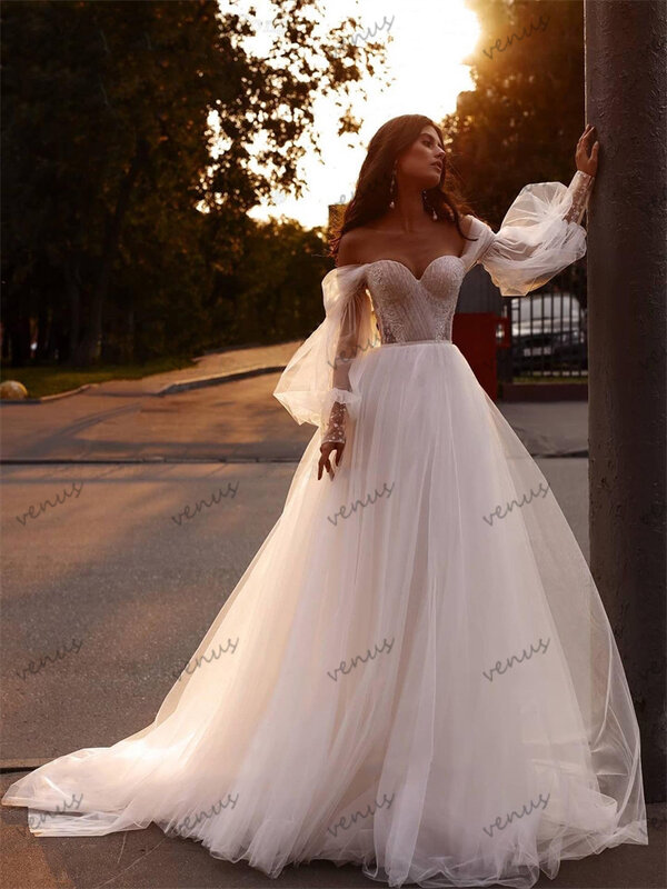 Vestidos De Casamento De Princesa Ilusão De Tule, Fora dos vestidos de ombro, Vestes De Mangas Puff para Noiva, Vestidos De Noiva Em Camadas, 2024