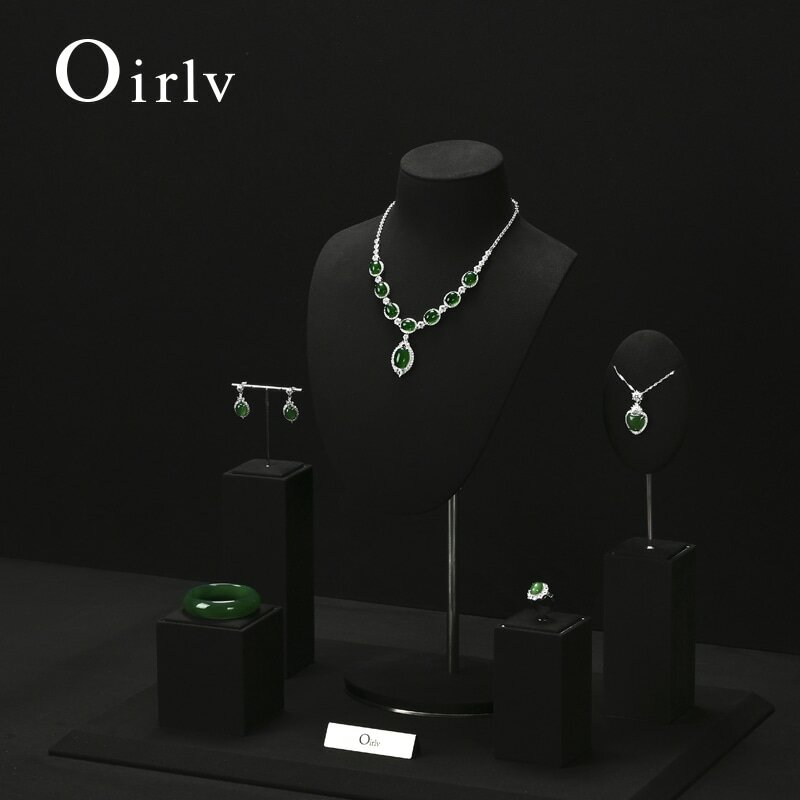 Oirlv-Preto Microfibra Jóias Set Display, Metal Gabinete Jóias para Colar Display, Bangle Brincos Bangle, Loja Exposição