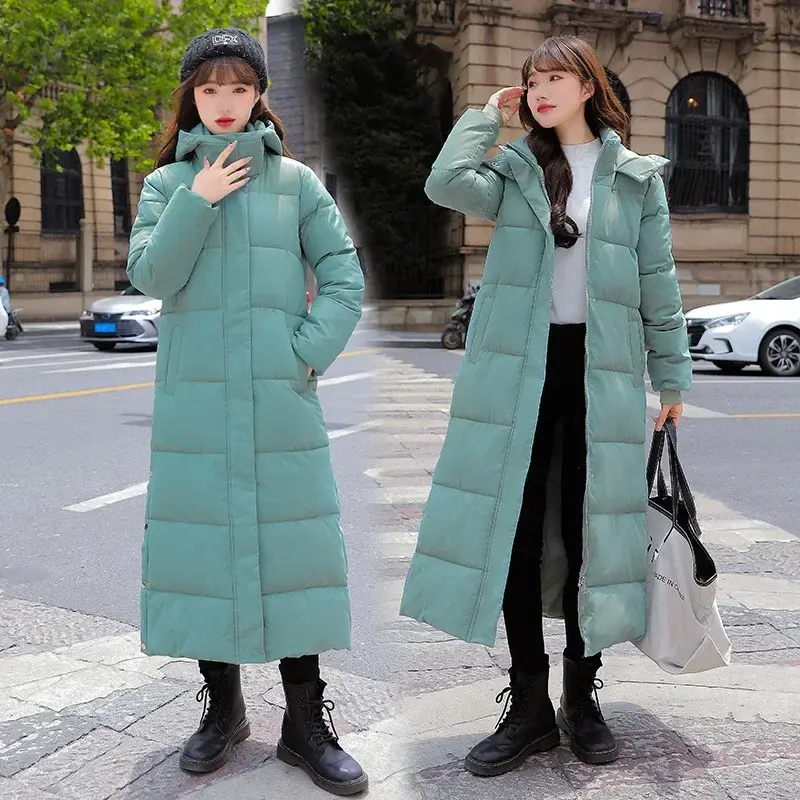 Casaco longo e grosso feminino com capuz, casacos elegantes, Parkas femininas, moda coreana, jaqueta de inverno, 2023