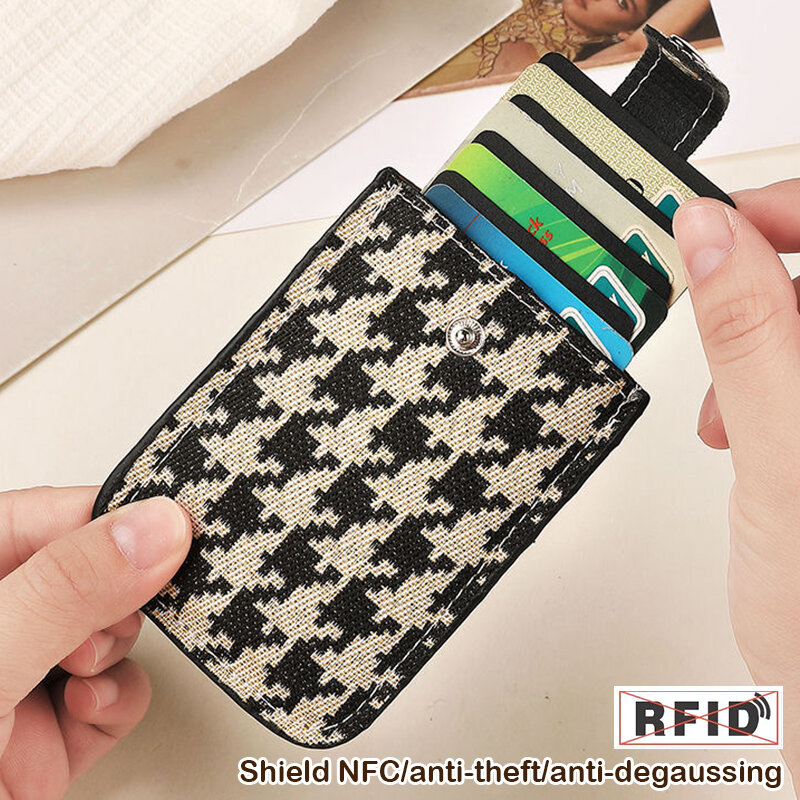 Women Houndstooth Card Holder Ultra-thin Mini Pull-out Card Case Business Card Wallet Coin Purse ID Card Pouch