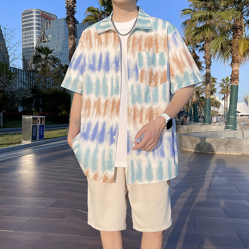 Camisa solta de manga curta masculina, contraste de cor, estampada em algodão personalizada, masculina, lapela casual elegante, combina tudo, verão