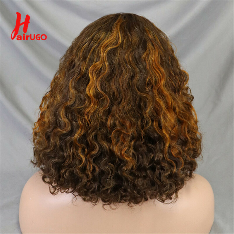 Wig Bob gelombang air Highlight kepadatan 200% wig rambut manusia tulang P4/30 wig rambut manusia keriting untuk wanita 12 inci HairUGo Remy