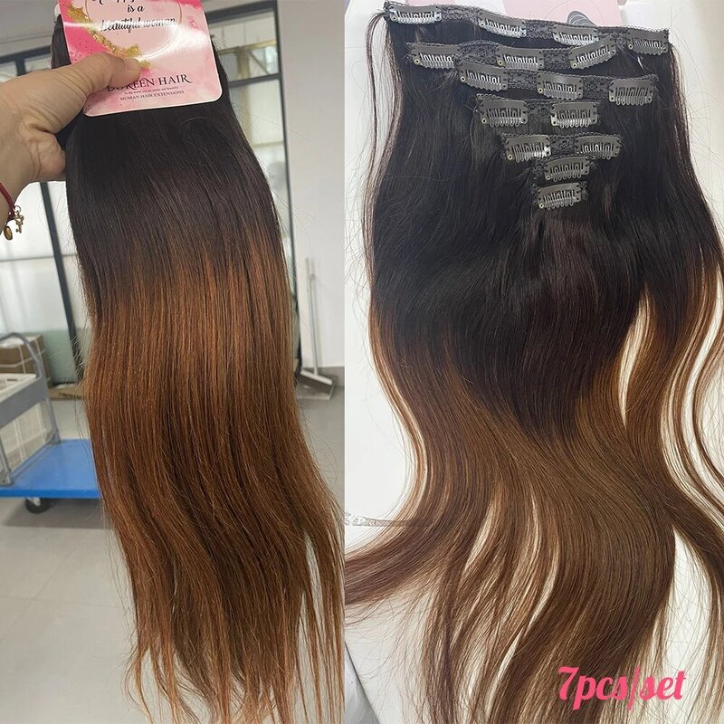 Doreen Full Head Series 22" 55cm Real Human Hair Clip in Hair Extensions Clips Sewed On Weft 120G 7Pieces Ombre Brown Hair T3/6