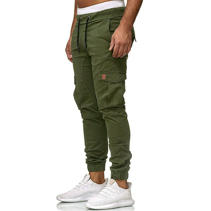 Mens Simple Solid Cargo Pants Loose Trousers Sports Overalls Drawstring Multi Pocket Casual Cotton Pantalones De Hombre 2024