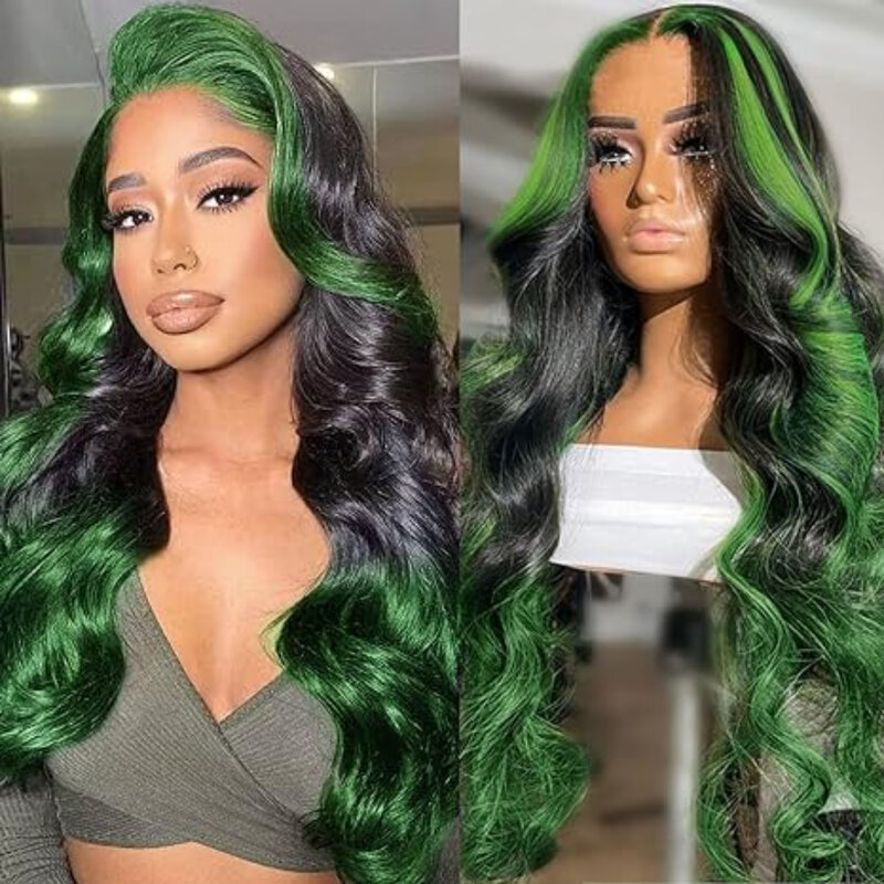 Green Highlight Wigs Synthetic Skunk Striped Wig Natural Body Wave Lace Front Wigs Black Mixed Ombre Blonde Cosplay Wigs