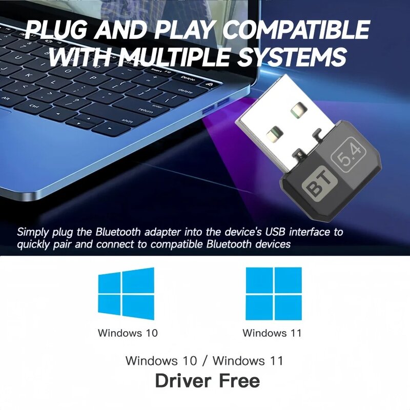 Mini Receptor e Transmissor Sem Fio USB, Adaptador Bluetooth 5.4, Dongle de Áudio, Driver Free, PC, Laptop, Win10, 11