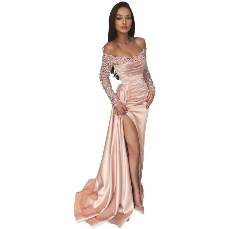Gaun Prom payet tanpa bahu untuk wanita, gaun malam Formal Satin putri duyung lengan panjang belah untuk wanita