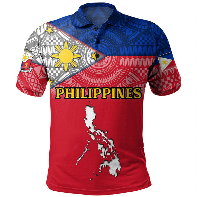 Новинка, рубашка-поло с рисунком в филиппинах, мужские и женские Гавайские футболки с 3D принтом, полинезийские повседневные свободные футболки на пуговицах с коротким рукавом