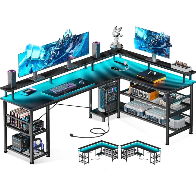 مكتب ألعاب على شكل حرف L مع منفذ طاقة وأضواء ليد ، طاولة ألعاب كمبيوتر قابلة للعكس مع منافذ USB ، تخزين