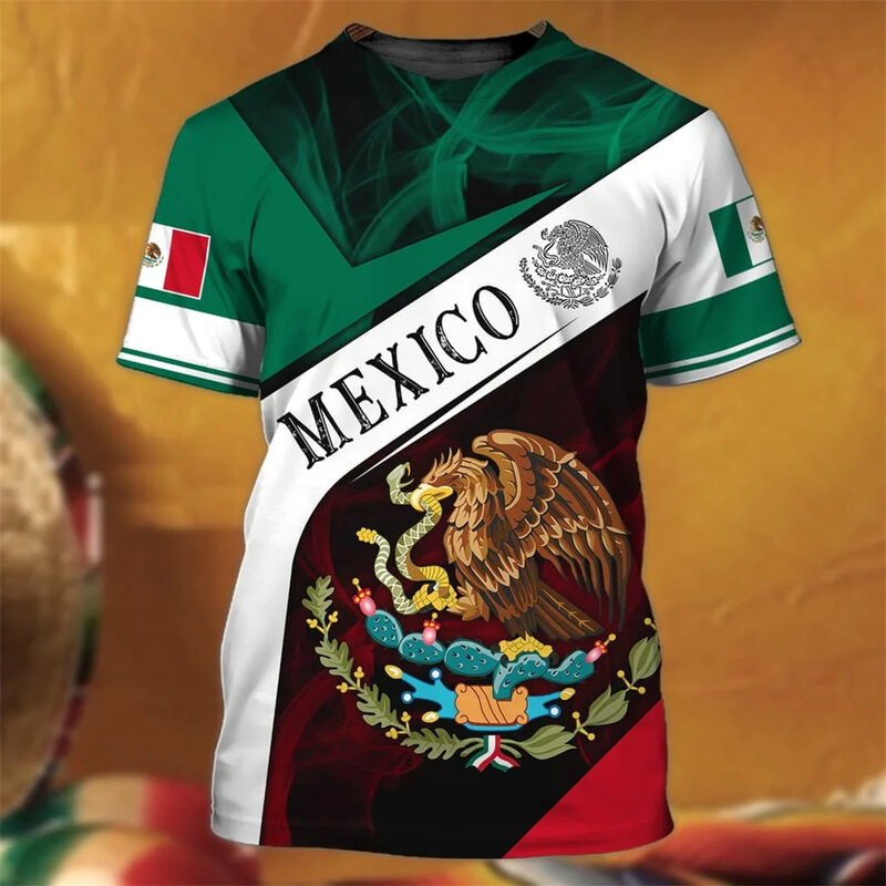 เสื้อยืดท็อปแบบตัวสั้นลายธงชาติเม็กซิกันสำหรับผู้ชายเสื้อเชิ้ตแขนสั้นพิมพ์ลาย3D นกอินทรีเสื้อโอเวอร์ไซส์ลำลองสำหรับปาร์ตี้วันหยุดเทศกาล