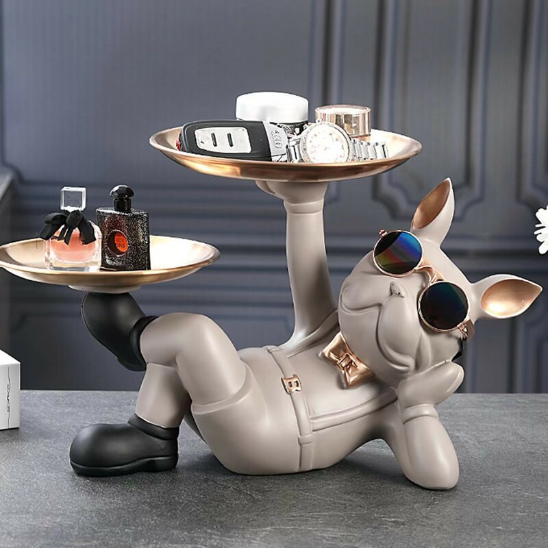 Resin Bulldog Animal Figurine With Key Holder Storage Tray Dog Statue Handicraft Living Bedroom Table Home Interior Decor Model