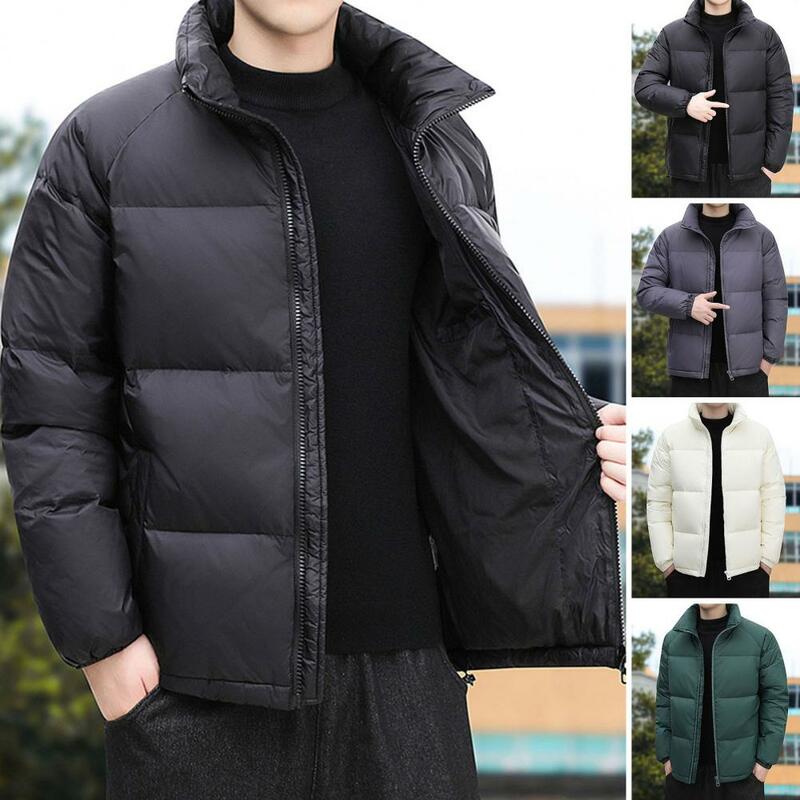 남성용 다운 코트, 지퍼 스탠드 칼라, 단색, 두꺼운 패딩, 보온, 목 보호, 겨울 코트