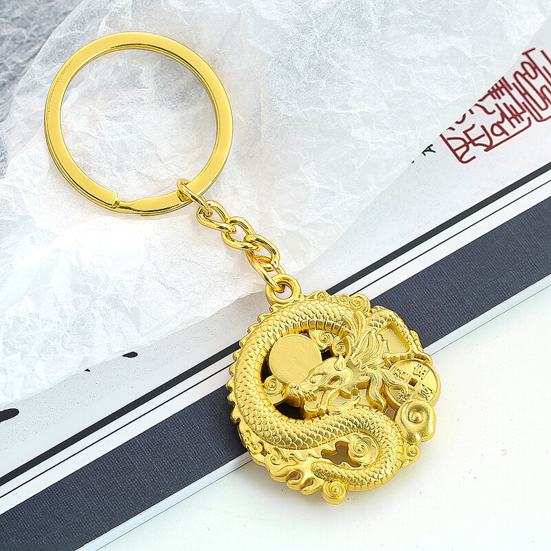 LLavero de Metal de dragón chino, colgante de acero inoxidable, día en la fortuna dorada en la bolsa del Tesoro, colgante de decoración de Mascota