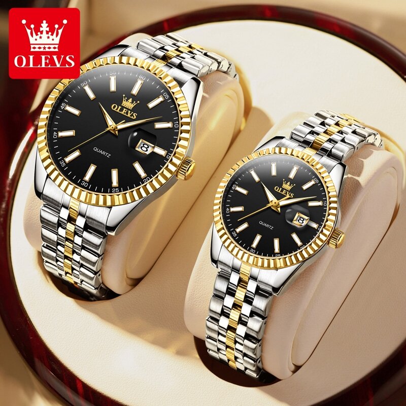 OLEVS 브랜드 럭셔리 쿼츠 커플 시계, 스테인레스 스틸 방수 연인 시계, 남녀 달력 패션 손목시계
