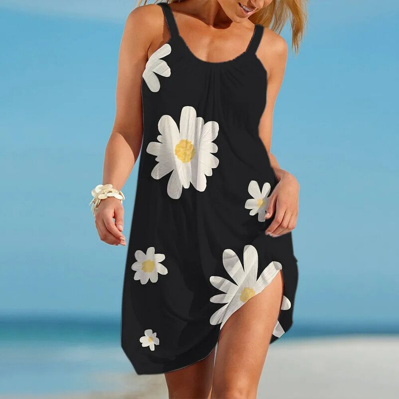 Vestido de praia sexy sem mangas feminino, preto, vestidos deslizantes, flores para meninas, margarida, roupas macias, saia casual feminina