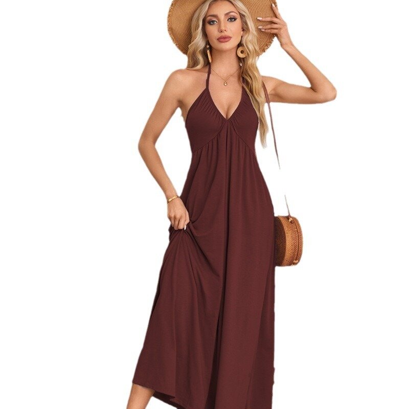 Vestido casual feminino com gola V, elegante vestido de praia, moda verão, 2024