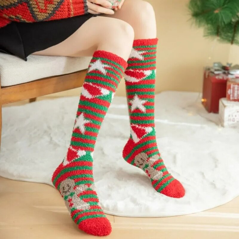 Рождественские носки, женские зимние носки из кораллового флиса, утепленные гольфы до колена, длинные чулки-трубки, теплые носки до середины икры для девочек