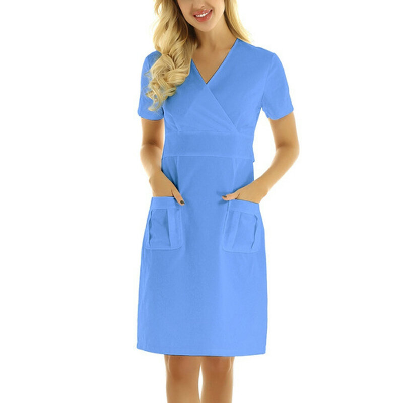 Летняя однотонная Рабочая форма для медсестры, платье с коротким рукавом и V-образным вырезом, рабочая одежда с двумя карманами для кормления, модная медицинская форма