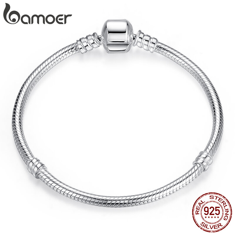 Bamoer-925 Sterling Silver Classic Snake Pulseira para Mulheres, Pulseira Charme Personalizado, Carta Bead