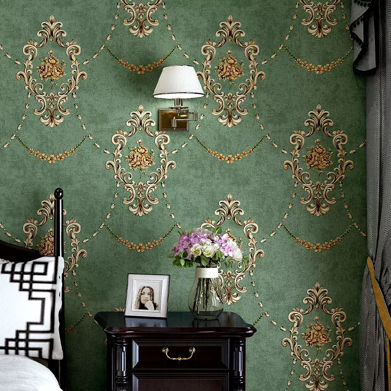 Papel de parede em relevo 3D estilo europeu, papel de parede não tecido, verde escuro, damasco, luxo, quarto, sala de estar, fundo tevê, casa