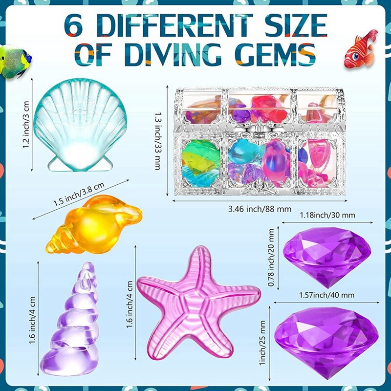 대형 바다 보석 다이아몬드 보석, 해적 보물 가슴, 여름 수중 수영 장난감, 24 개