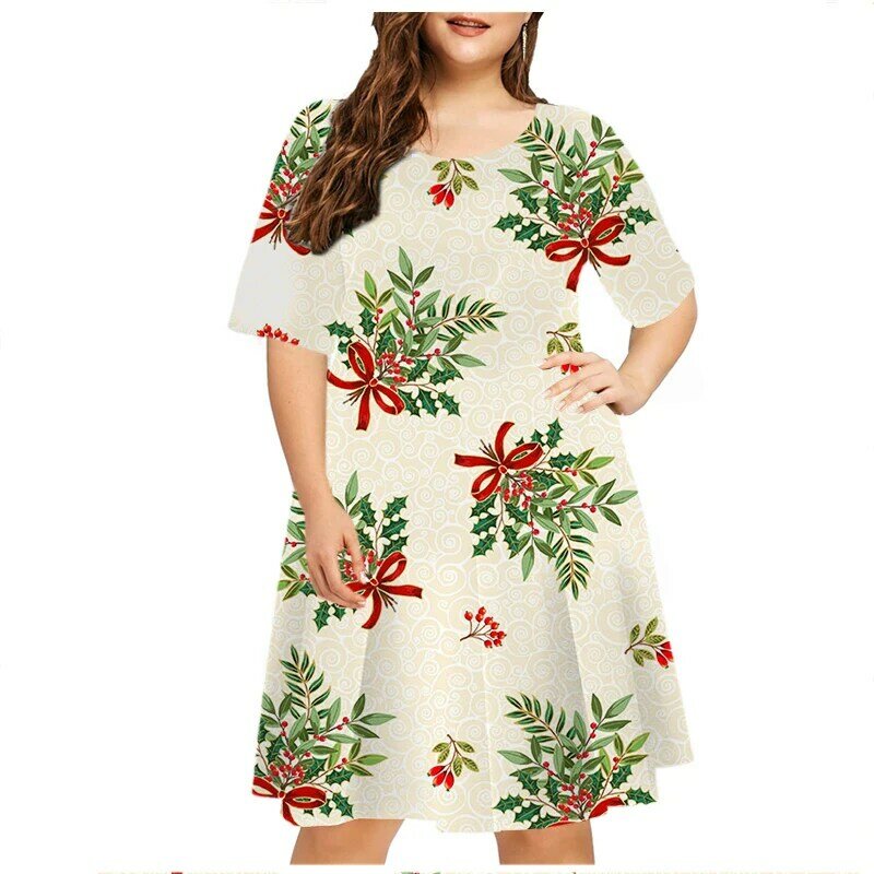 السنة الجديدة 2023 المرأة فستان عيد الميلاد طويلة الأكمام س الرقبة طباعة X-ماس الثلوج السيدات فضفاضة حجم كبير فستان الصيف 6XL موضة الملابس