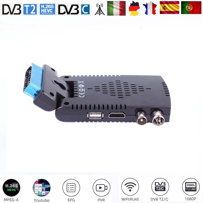 Receptor de TV Digital Terrestre HD, H265 DVB T2, Espanha TDT, HEVC 265, Mini Scart, Decodificador HD DVB-T2 H.265, Decodificador EPG