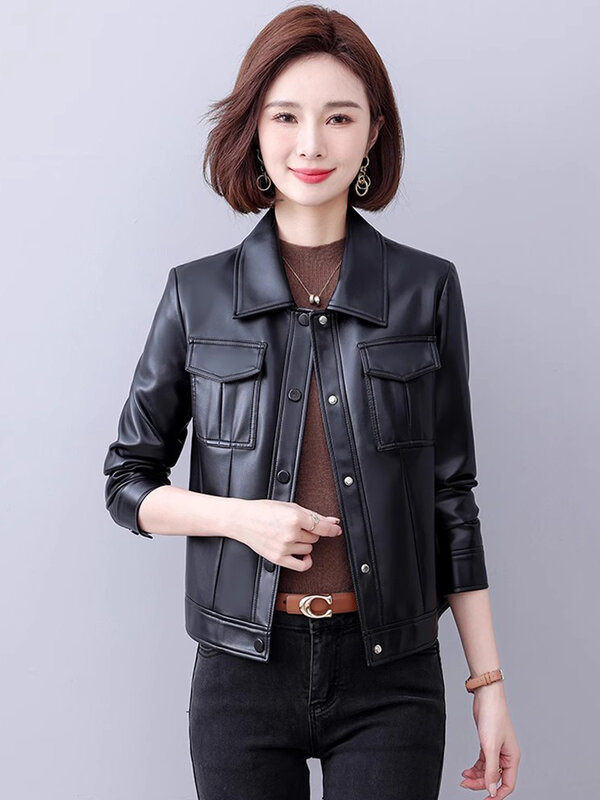 New Women Moto Biker Leather Jacket Spring Autumn Fashion Turn-down Collar Single Breasted Split Leather Casual Short Coat