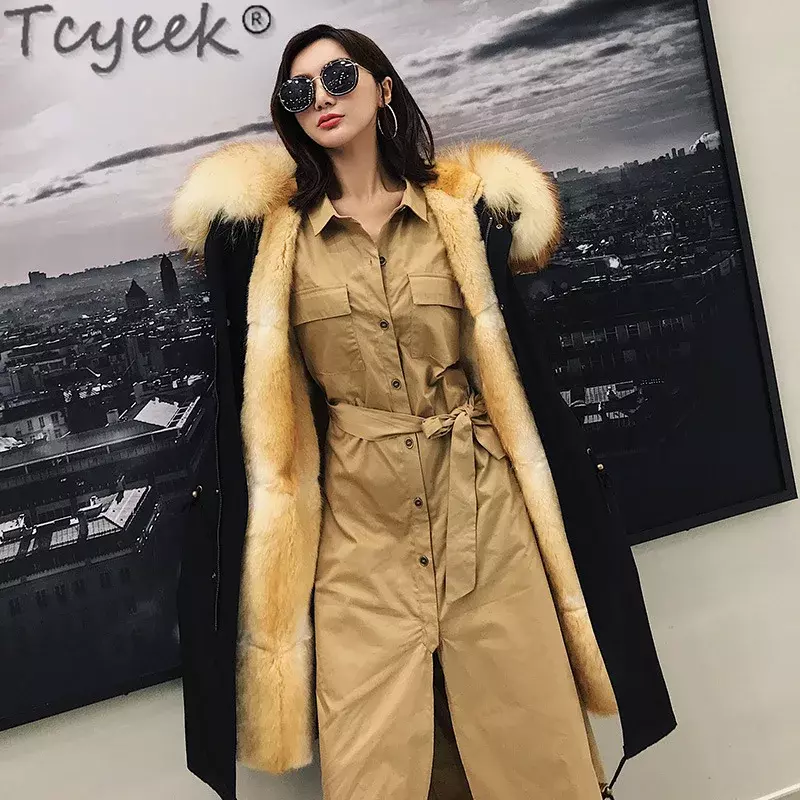 Tcyeek-Parka de piel auténtica para mujer, chaqueta elegante con capucha, forro de piel de visón, Cuello de piel de mapache cálido, ropa de invierno