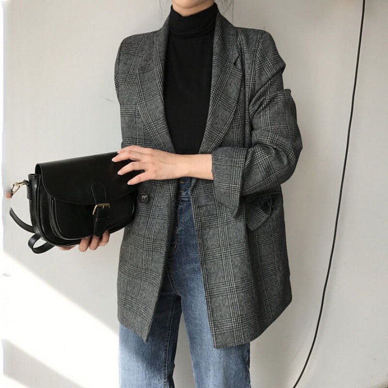 Jaket kotak-kotak wanita, mantel panjang Korea elegan mode Korea jaket tebal polos kancing dua baris Musim Dingin