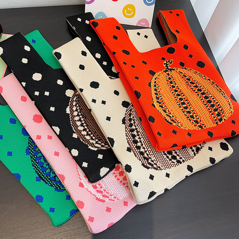 New Printed Women Knit Handbag Cute Halloween Pumpkin Shoulder Bag Female Casual Dots Tote Bag Student Reusable Shopping Bags