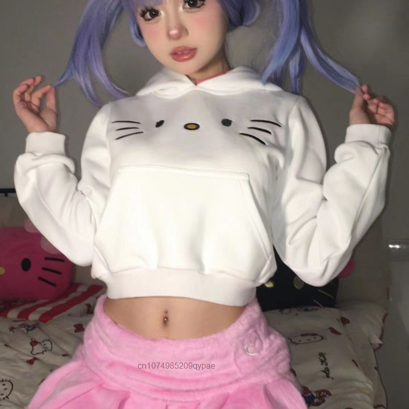 Sanrio Hello Kitty เสื้อ Y2k สั้นลายการ์ตูนสำหรับผู้หญิงเสื้อมีฮู้ดน่ารักสำหรับเด็กผู้หญิงใส่ในฤดูใบไม้ร่วงเสื้อวอร์มใหม่เสื้อโค้ท2023