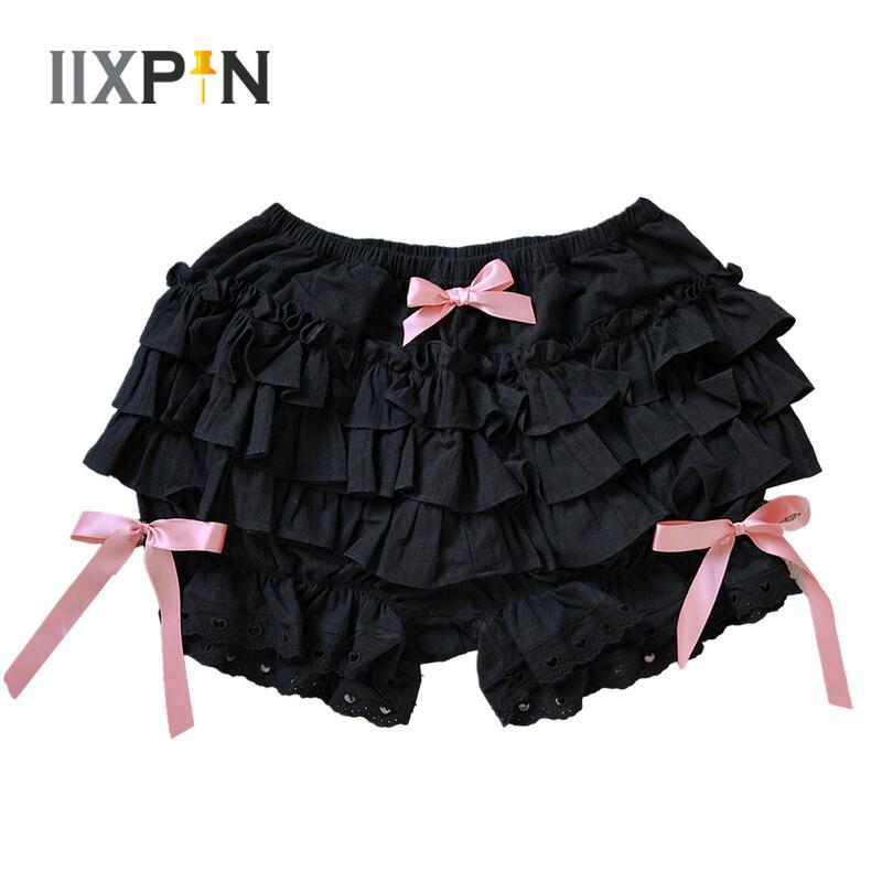 Women's Summer Lolita Style Shorts Lace Trim Layered Ruffle Bloomers Bowknot Frilly Panties Solid Color Shorts Pumpkin Pants