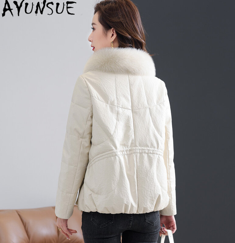 AYUNSUE-Jaqueta de couro real feminina, casaco de pato branco gola de pele de raposa, jaqueta de couro de carneiro de alta qualidade inverno