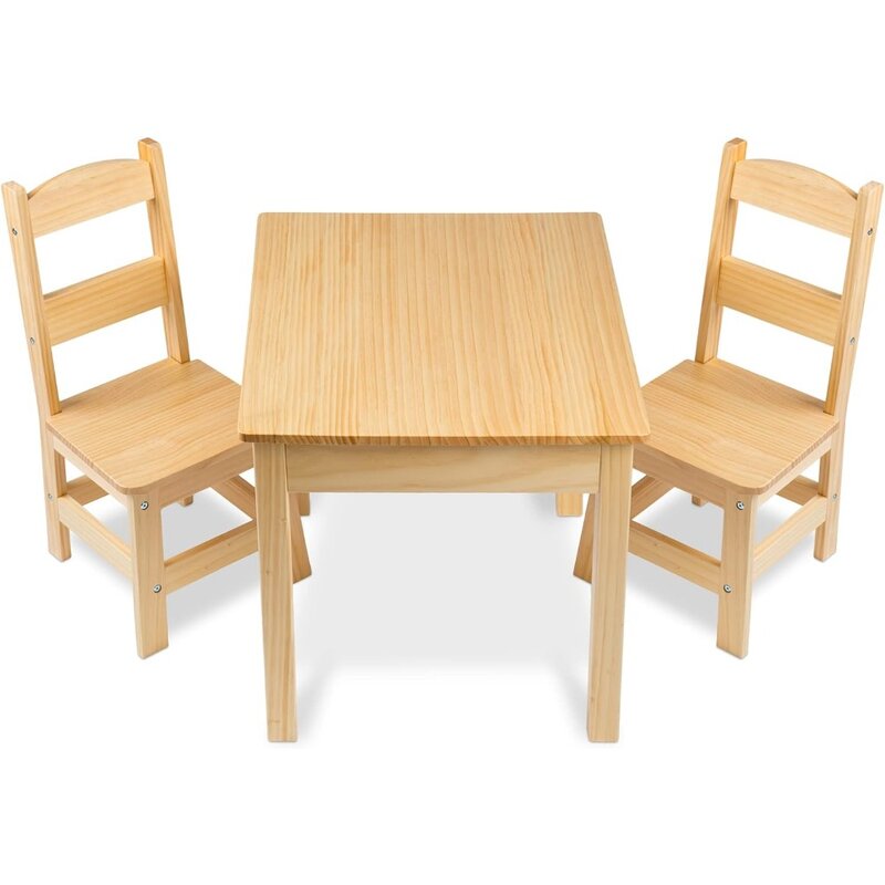 Meja kayu padat dan Set 2 kursi-furnitur akhir ringan untuk ruang bermain, pirang
