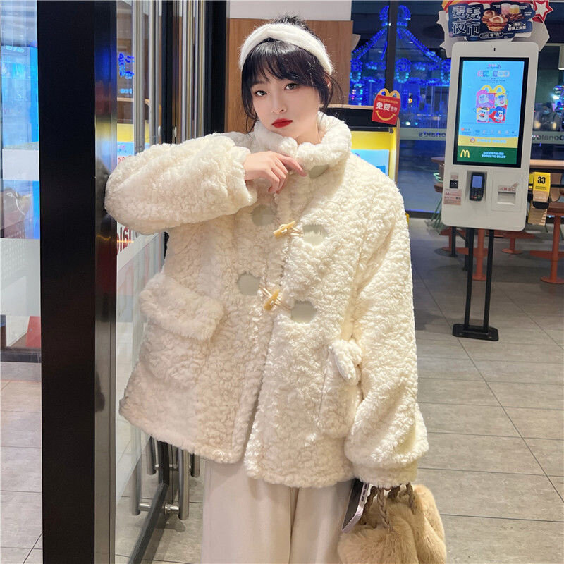 Mantel bulu kelinci wanita, mantel bulu tebal versi Korea musim dingin 2023 untuk murid perempuan